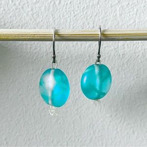 925 Sterling Silver and Blue Green Sea Glass Drop Dangle Earrings